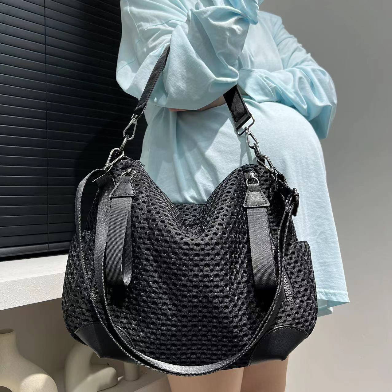 Women Bags For Airport - Modieuze neutrale mesh gesplitste nylon schoudertas,