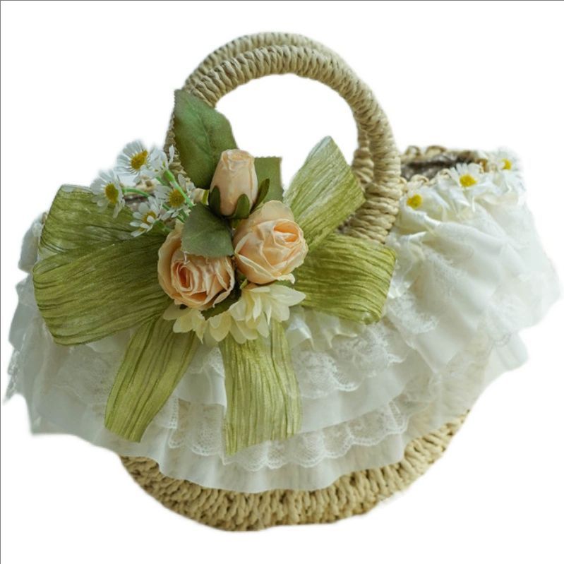 Woven Straw Bag - Landelijke Lolita kanten stro geweven tas,