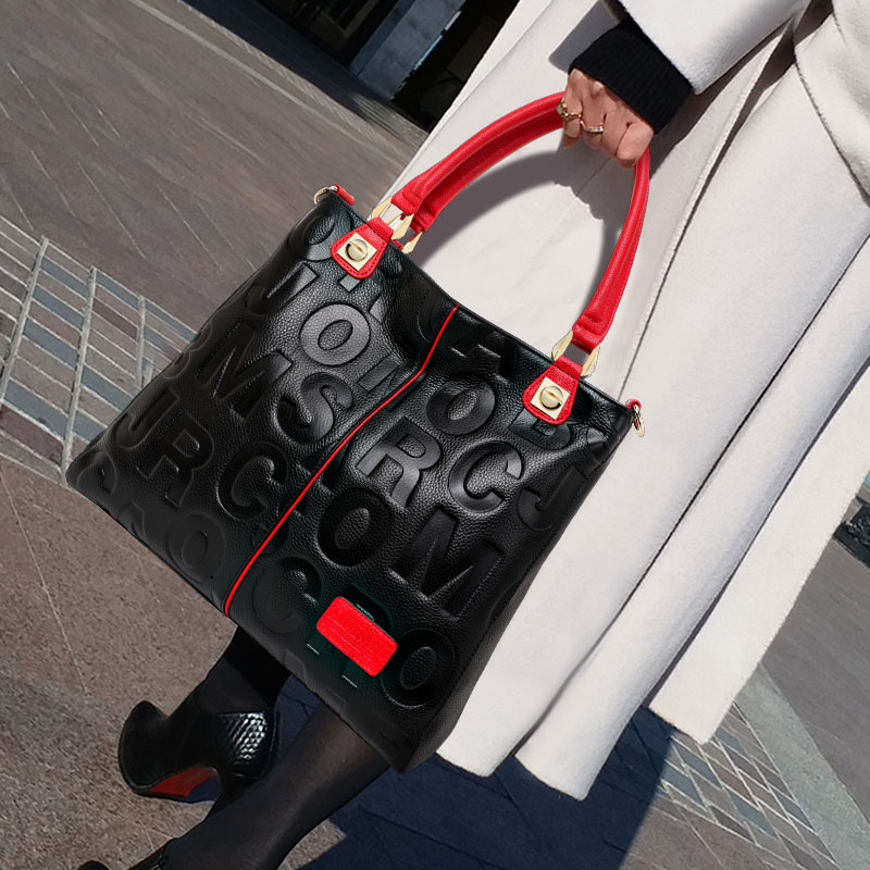 Women'S Work Bags Tote - Echte koeienhuid lederen tas met reliëfletters,