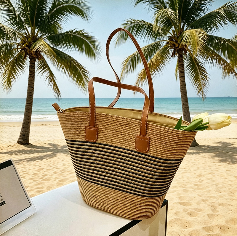 Woven Straw Bag - CLAREGQI gestreepte stro-tas voor dames, geweven