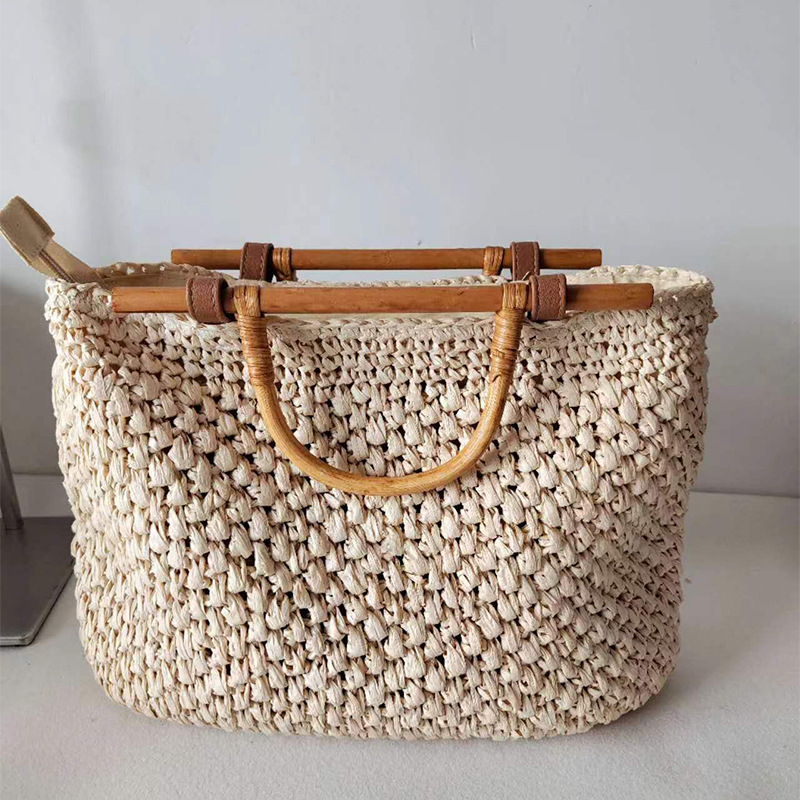 Woven Straw Bag - Houten handvat strozak handgeschept papier touw